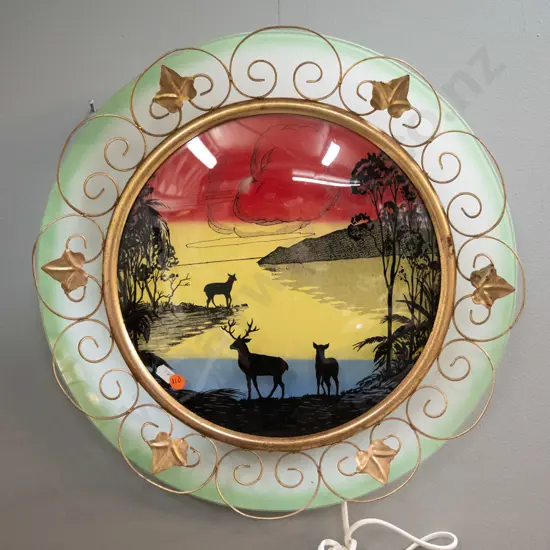 retro glass and metal wall light with green & white surround, deer scene in centre D-430
