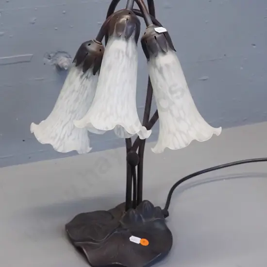 reproduction lotus pattern bronze finish table lamp w/3 cream mottled glass trumpet flower shades H-420 W-300