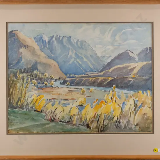 unsigned framed watercolour - mountain and river scene H-380 W-500