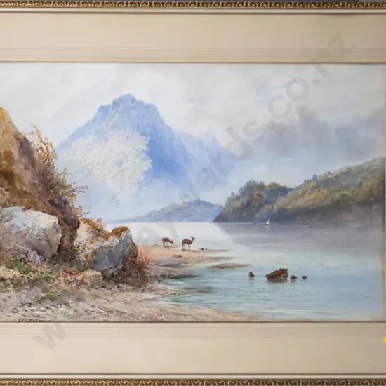 E Johnson - framed watercolour - lake and mountain scene (slight foxing) H-380 W-580