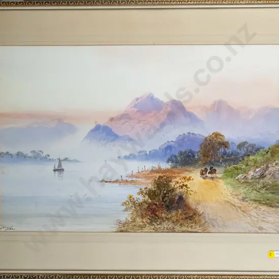 E Johnson - framed watercolour - lake and mountain scene (slight marking) H-380 W-580