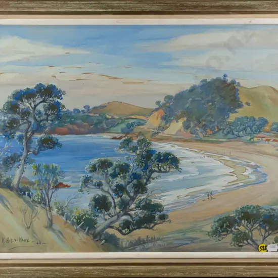Kathleen Airini Vane '44 - framed watercolour "Wooleys Bay, near Matapouri" H-360 W-490