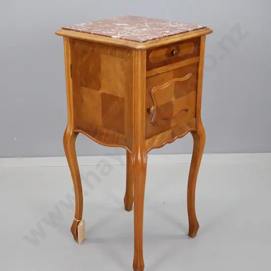 French walnut bedside cabinet, plaque inside top drawer above cupboard door, marble lined cupboard
