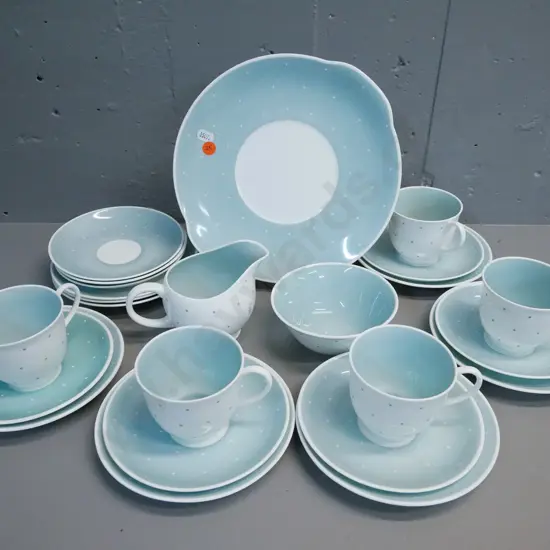 Susie Cooper polka dot pattern part tea set - 5 complete trios, 3 spare plates & saucers, cake plate, cream & sugar