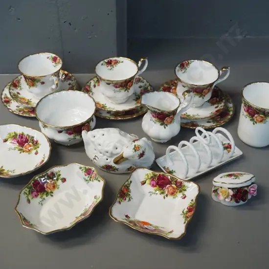 assorted Royal Albert Old English Rose teaware, toast rack, hat pin holder, sweet dishes etc.