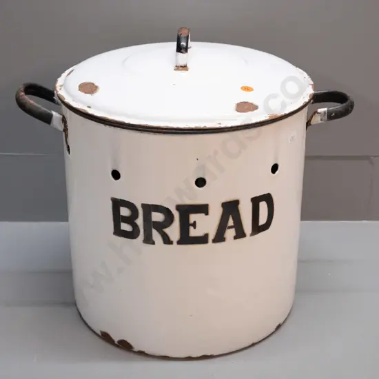 vintage black and white metal bread container - some loss to enamel H-300 D-300
