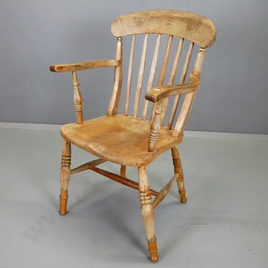 Victorian oak and elm stick-back Windsor chair with stretcher base - arms are loose, has had repairs H-940 W-560 D-440
