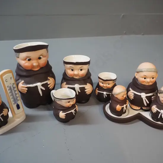 Goebels Friar Tuck ware - condiment set, graduated set of 3 jugs plus one other, and thermometer. Tallest jug H-150