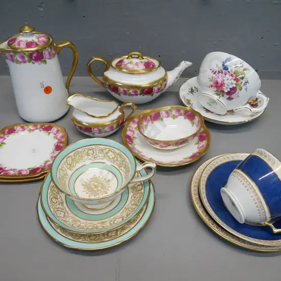 English bone china teaware: Royal Albert heavy gilt Old English Rose part tea for two, minus cups & 1 saucer, Hammersley