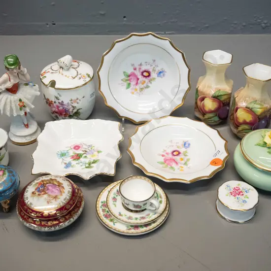 assorted small china - Aynsley fruits pattern vases, miniature Coalport trio, 2 pieces Limoges, Dresden figurine, other