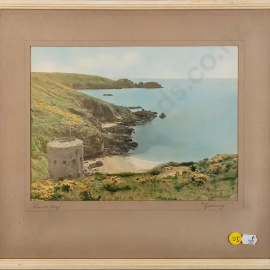 framed vintage hand coloured photograph "Saints Bay Guernsey" H-175 W-230 (slight aging)