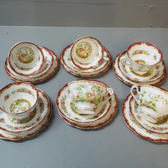 set of 6 Royal Albert "Chelsea Bird" pattern trios