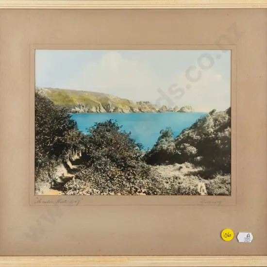 framed vintage hand coloured photograph " Guernsey" H-175 W-230 (slight aging)
