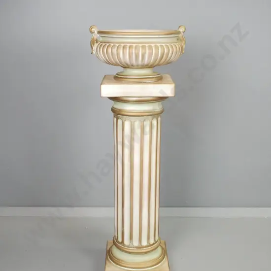 Italian classical style pottery column display stand and separate urn with gilt, cream and green finish. Combined H-970
