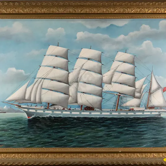 Frank Barnes - framed oil on board - 4 Masted Ship Hinemoa off New Zealand Coast. H-470 W-720 - some warping to board