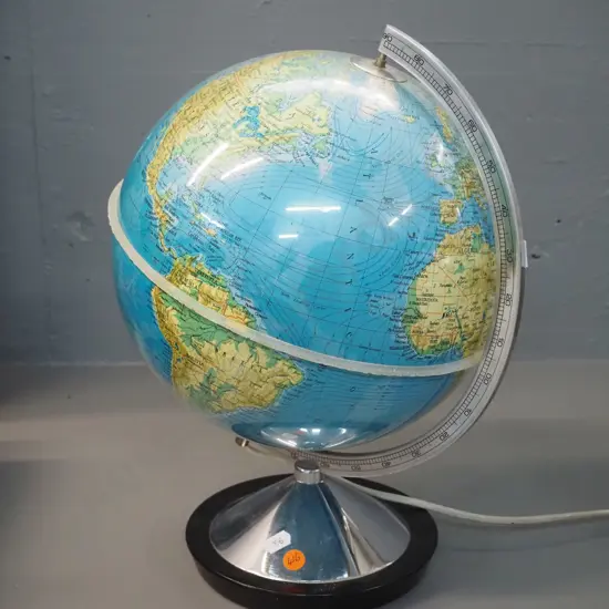 illuminated world globe on chrome stand and stand, timber base marked Philip Twin Italy 1972 H400 D270