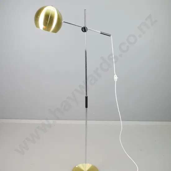 retro angle adjustable arm floor lamp with spun metal globe shade and base, chrome stand.- dents and scratches to base