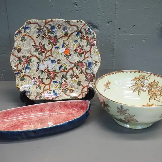 3 pieces of Maling china - lustre Golden Spray pattern bowl H100 D220, lustre rose pattern cake plate and a stipple