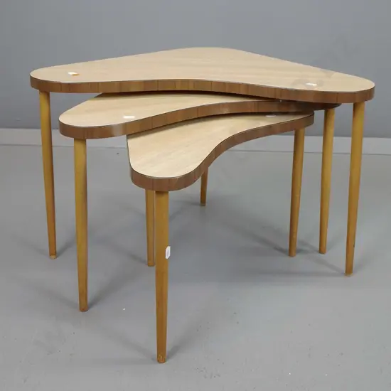 set of 3 mid-century formica topped boomerang nesting tables - legs need attention, wobbly on largest, all have been