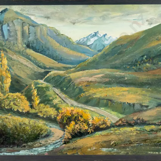 Helen Falconer - framed oil - mountain scene H-350 W-450