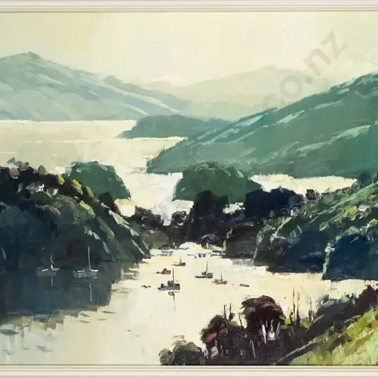 Peter Beadle 1982- framed oil on board- "Paterson Inlet Stewart Island" H-440 W-900
