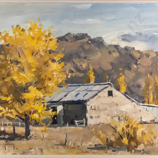 Brian Halliday 70 -framed oil board- Central Otago farm building H-360 W-490