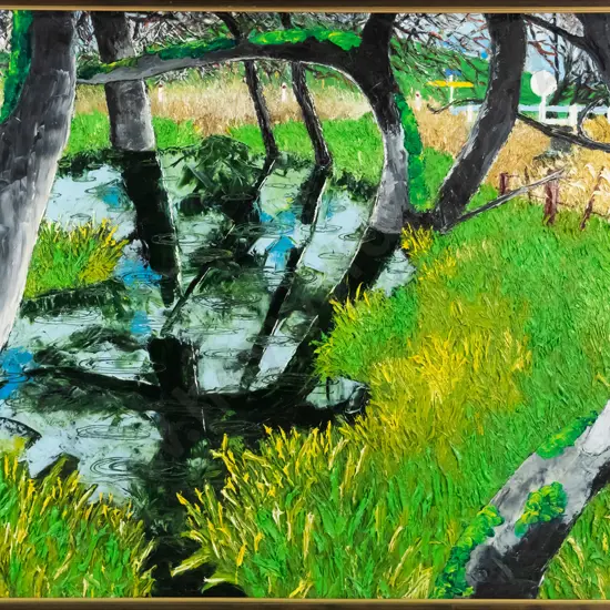 Stephen Haugh 1997 -framed oil-  trees & pond H-730 W-1110