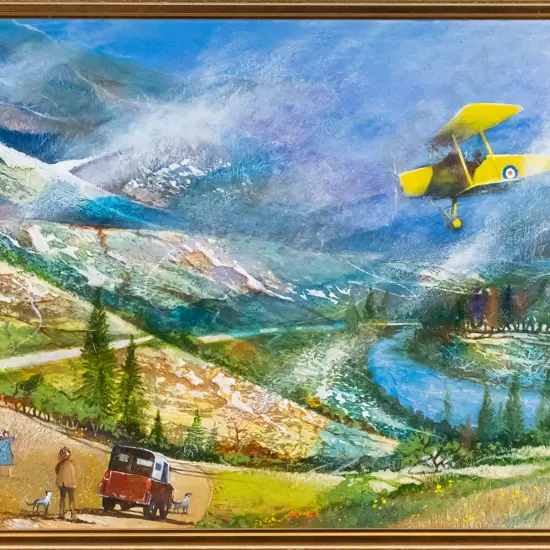 Maynard Waters - framed oil on board - "Moth over Wanaka" H-370 W-560