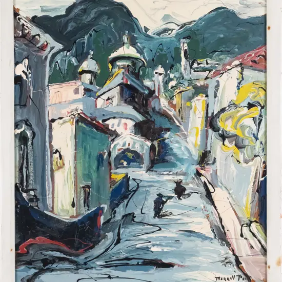 Merrill Peck - framed oil - town scene H-500 W-390