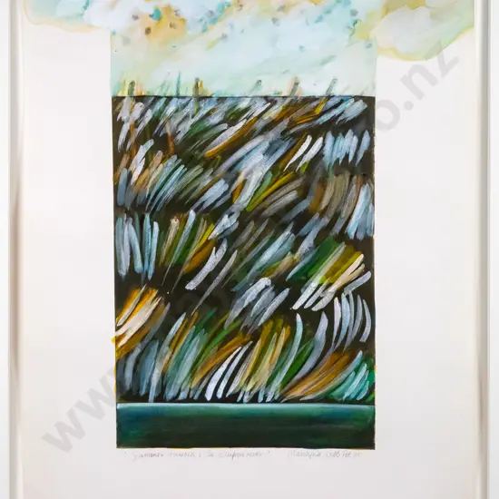 Marilynn Webb Feb 81 - mounted and matted print w/watercolour - "Summer Tussock, Waipori River" H-640 W-560