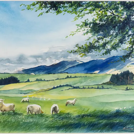 Annette Dickison - framed watercolour - "pastoral scene" H-350 W-470