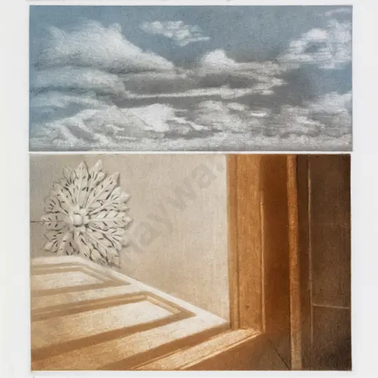 Ruth Clelland 1998  - framed lithograph 1/5 - ceiling light fixture & flowers H-160 W-145