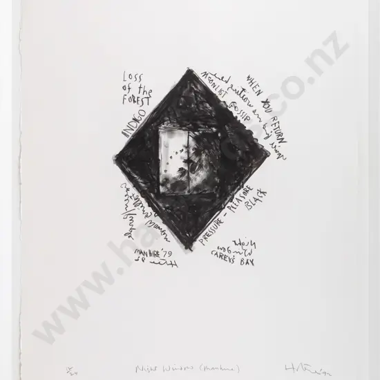 Ralph Hotere - framed lithograph  12/24 "Night Window (with Manhire)" H-610 W-490