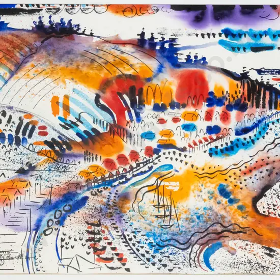 illegible signature - framed watercolour- abstract harbour scene H-520 W-700