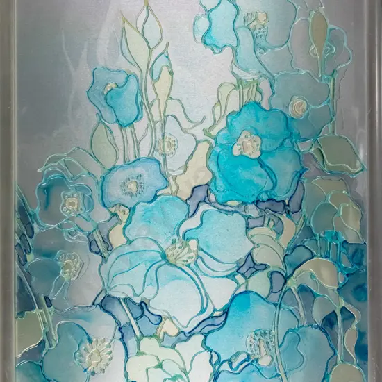 Rita Blakeley - framed mixed media - blue flowers H-440 W-310