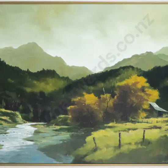 Allan Crombie - framed oil on board - "River scene North Canterbury" H-520 W-700, water damage