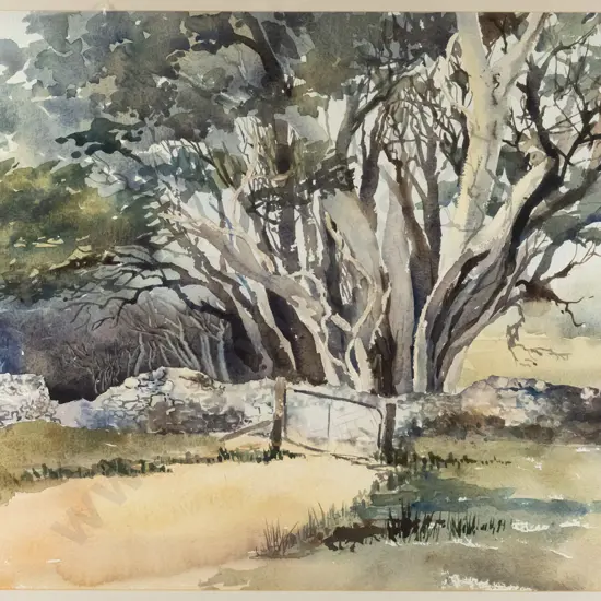 Joan Hardey - framed watercolour - "Farm entrance" H-360 W-540