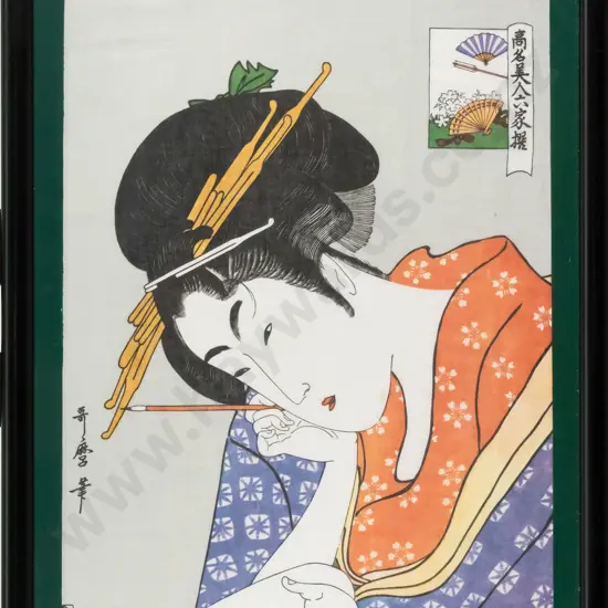 framed Japanese print on silk - female portrait  (slight wrinkles to silk)  H-360 W-270