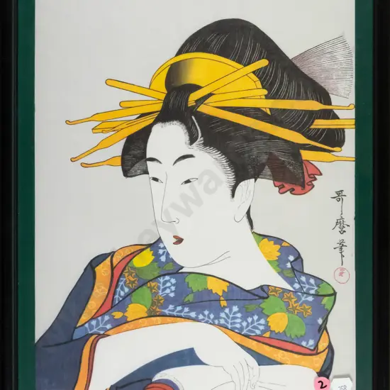 framed Japanese print on silk - female portrait  (slight wrinkles to silk)  H-360 W-270
