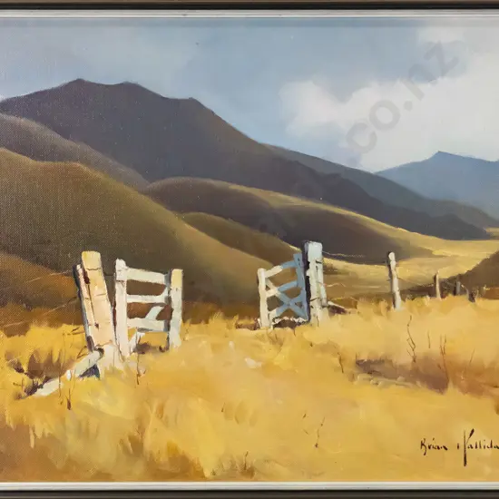 Brian Halliday - framed oil - "Farm gate Lindas" H-340 W-430