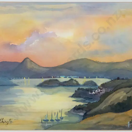 Betty Pilkington - framed watercolour - Otago harbour looking towards Portobello H-250 W-345