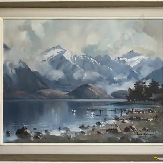 Brian Halliday 70 -framed oil on board- "Winter mists Lake Wanaka" H-415 W-540