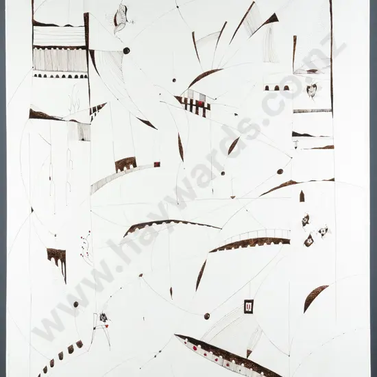 Fran Leitch 2006 - boxed oil with pen & ink overlay- "The Pomegranate Bridge" H-500 W-400