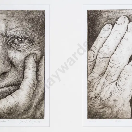 Deidre Copeland May 2005 -framed etchings- "The philosopher & Bun" each H-250 W-200