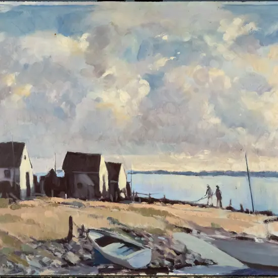 Fred O'Neill 1977 - framed oil - "Fishing huts - Moeraki" H-410 W-500