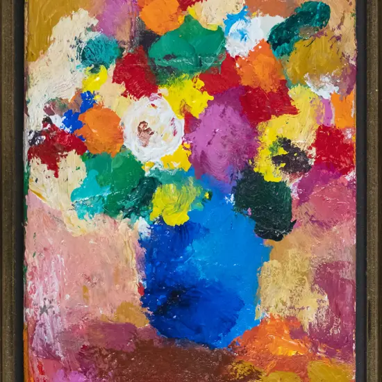 J Robinson - framed oil- flowers in blue vase- H-150 W-110