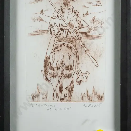 Pamela Burdett - framed dry point etching 2/5- "A tilting we will go" H-160 W-120