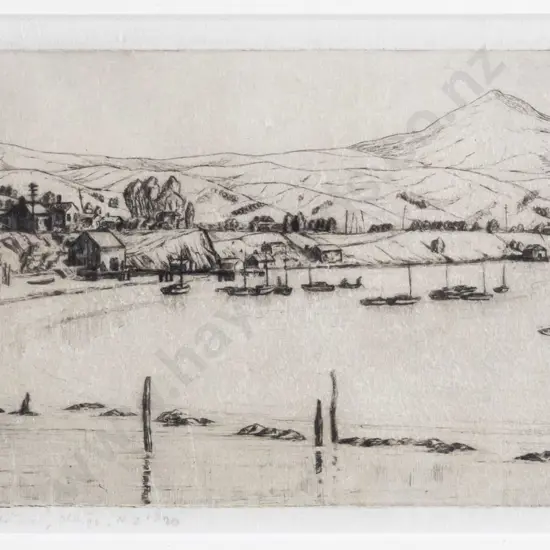 illegible signature -framed etching 10/20 - "Early Morning Otago Harbour" H-90  W-200