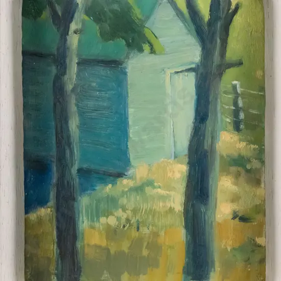 unsigned -framed oil- trees & shed H-150 W-155