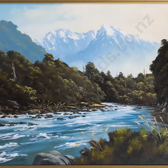 Ron Warnes - framed oil on board- "Cook River South Westland" H-420 W-600
